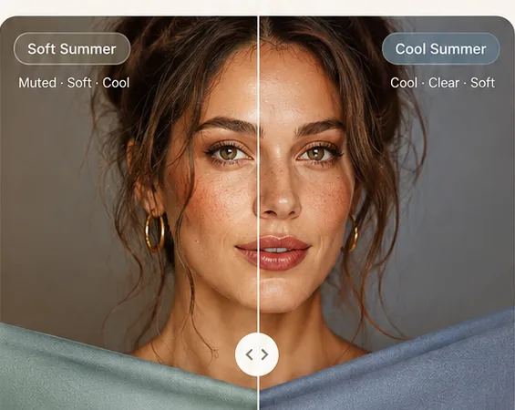 Split comparison: the same portrait draped in Soft Summer sage and Cool Summer blue fabrics