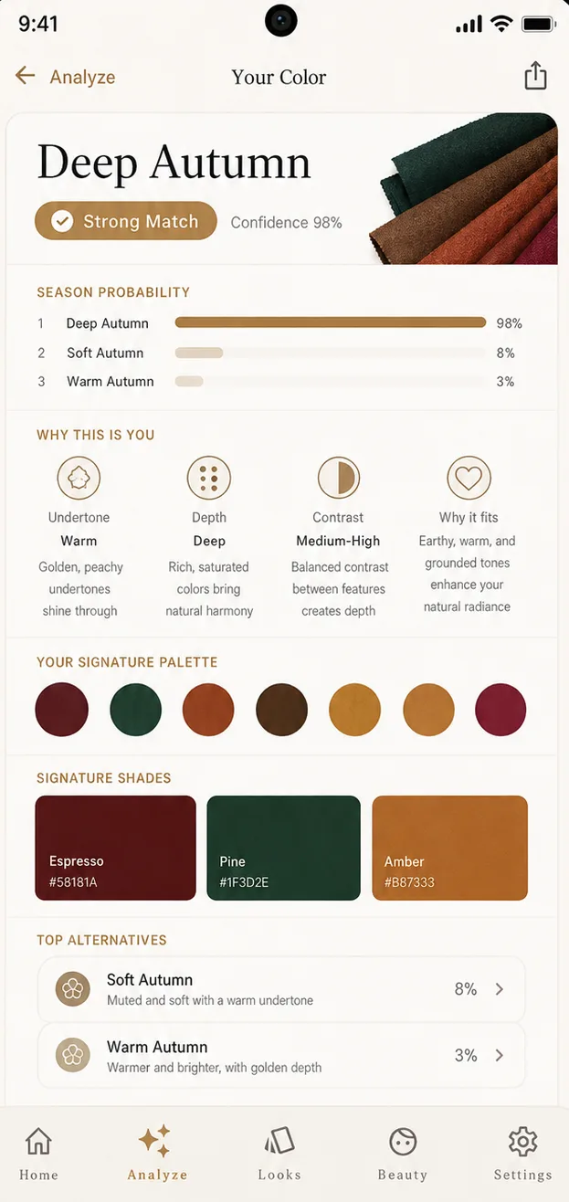 Aveline color analysis showing a Deep Autumn result, confidence score, signature palette and nearby seasons